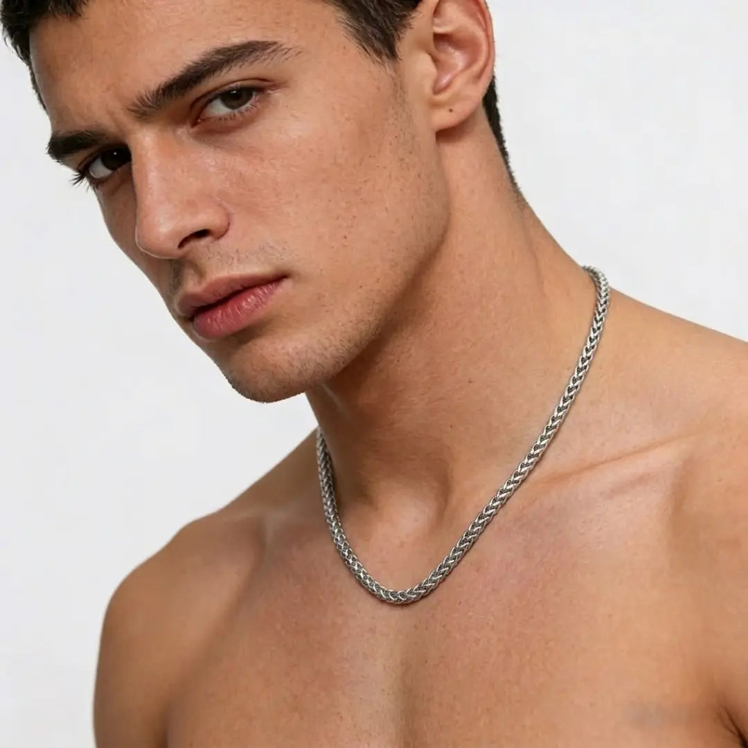 Silver Interlinked Woven Chain Necklace (60cm x 8mm) – Heavyweight Textured Silver Franco Wheat Chain for Men & Women